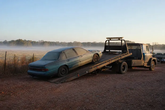 A flatbed tow truck loading a non-running car from a rural driveway